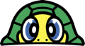 a cartoon turtle with blue eyes and a green shell is peeking out of its shell .