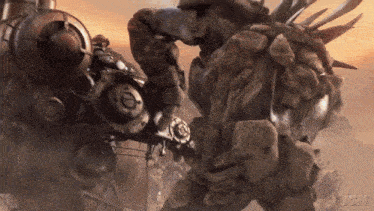 a computer generated image of a robot fighting a monster with the letters ien on the bottom right