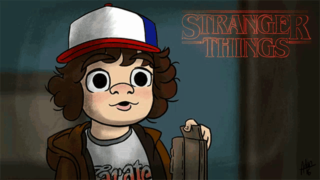 a cartoon of dustin from stranger things holding a briefcase