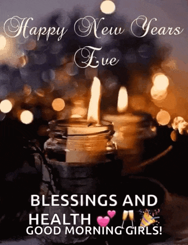 a happy new year eve greeting card with candles in a glass jar .