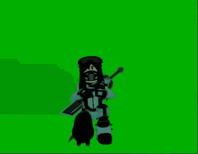 a cartoon character is standing in front of a green screen holding a gun .