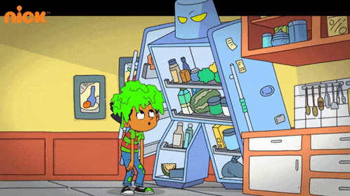 a cartoon of a boy with green hair standing in front of a refrigerator with a robot head