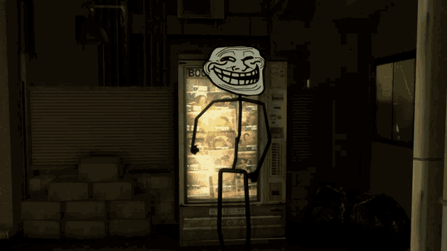 a troll face is standing in front of a vending machine that says books & v