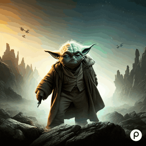 a painting of yoda holding a gun in a rocky landscape