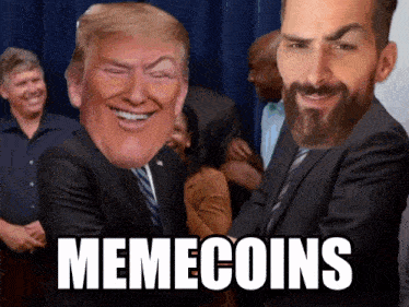 a meme coin with donald trump and a bearded man
