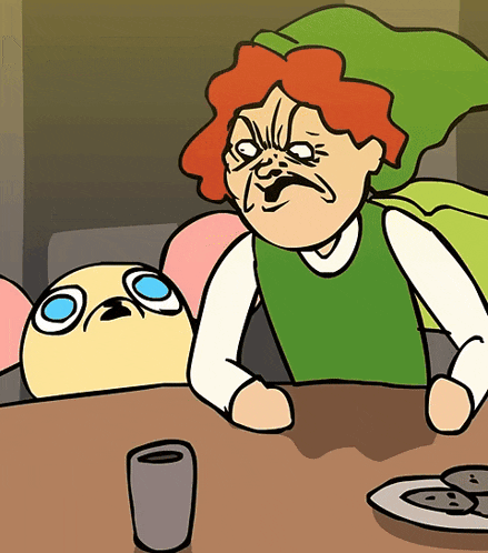 a cartoon character with red hair is sitting at a table next to a yellow dog