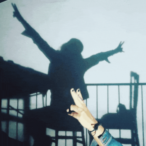 a shadow of a person with their arms outstretched making a peace sign