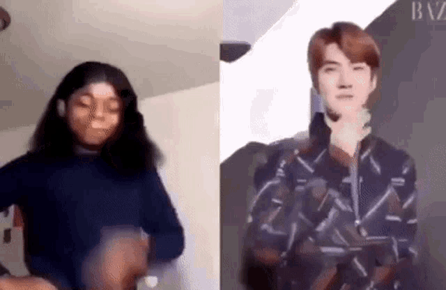 a woman is dancing next to a man .