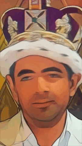 a man wearing a crown and a white hat is looking at the camera