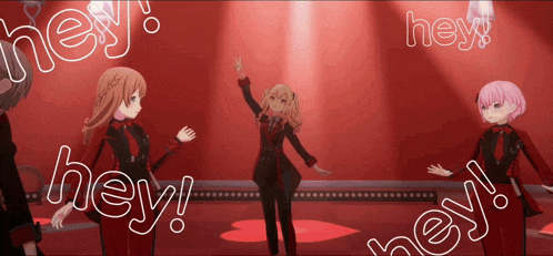 a group of anime girls are standing on a stage with the words hey written on them