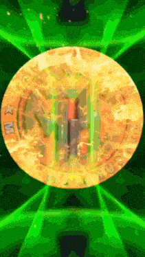 a gold coin with the letter m on it is surrounded by green rays