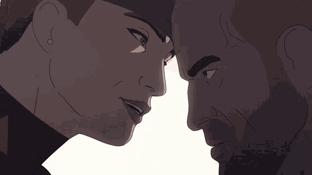 a man and a woman are looking at each other with their eyes closed .