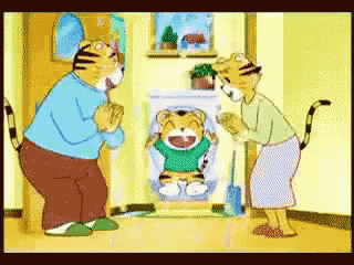 a cartoon of a man and woman standing next to a tiger