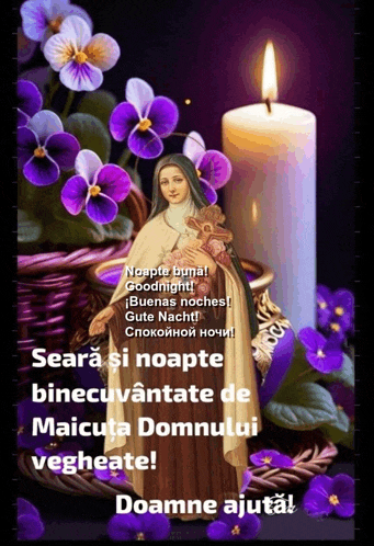 a picture of a woman holding a baby next to a candle and purple flowers