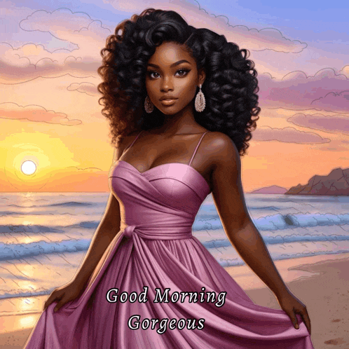 a woman in a purple dress stands on a beach with the words good morning gorgeous below her
