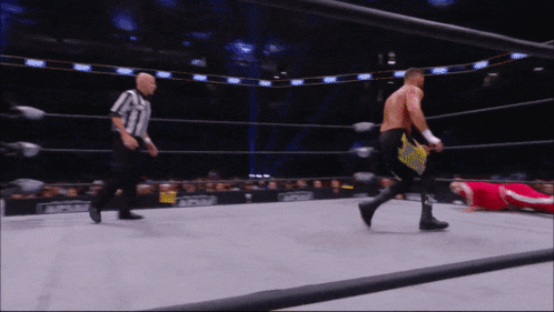 a referee watches a wrestler in a ring that says acmw