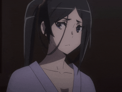 a girl with long black hair is wearing a purple shirt and has a sad look on her face