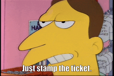 a cartoon character says just stamp the ticket in a pink room
