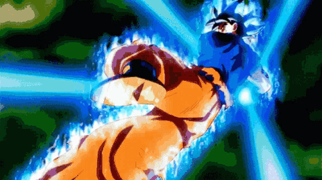 a cartoon character is flying through the air with a blue light coming from his hand .