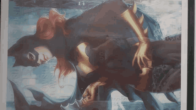 a painting of a woman in a batman costume with the number 00 on her chest
