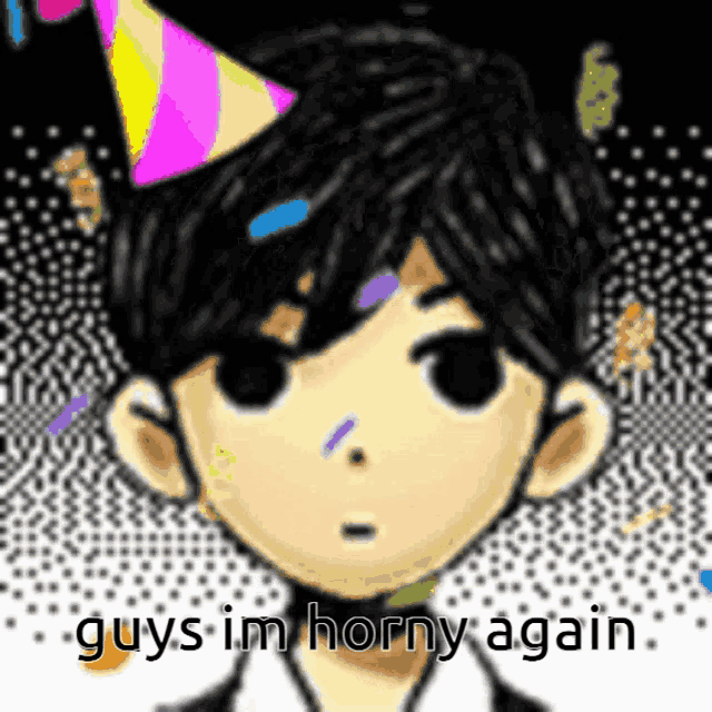 a cartoon of a boy wearing a party hat with the words " guys im horny again " below him