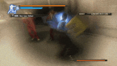 a video game screen shows a man fighting another man with a beer case in the background