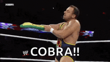 a man in a wrestling ring is holding a flag and says cobra !