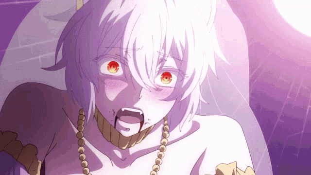 a drawing of a girl with white hair and red eyes with blood coming out of her mouth