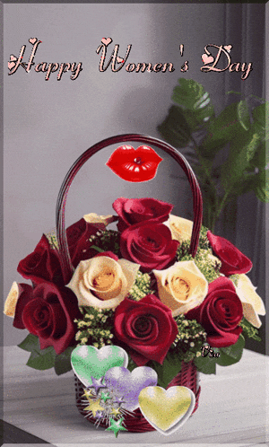 a happy women 's day card with a basket of flowers