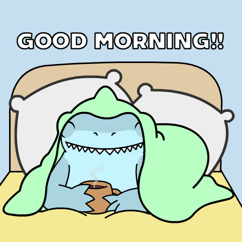 a cartoon of a shark wrapped in a green blanket holding a cup of coffee with the words good morning written above it