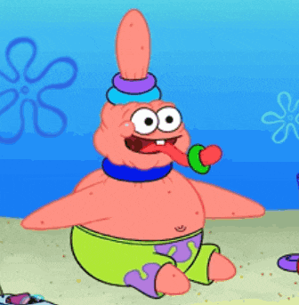 patrick star from spongebob squarepants is sitting on the beach with his tongue out