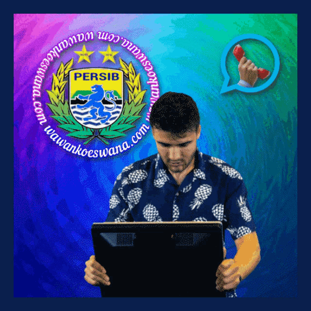 a man in a blue shirt is looking at a laptop with the word persib on the screen