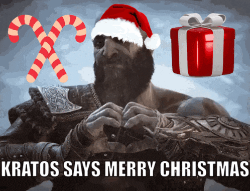 a picture of a man wearing a santa hat and candy canes says merry christmas