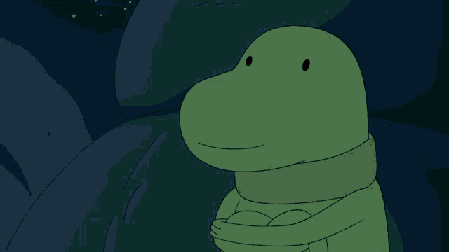 a green cartoon character with a scarf around his neck and arms