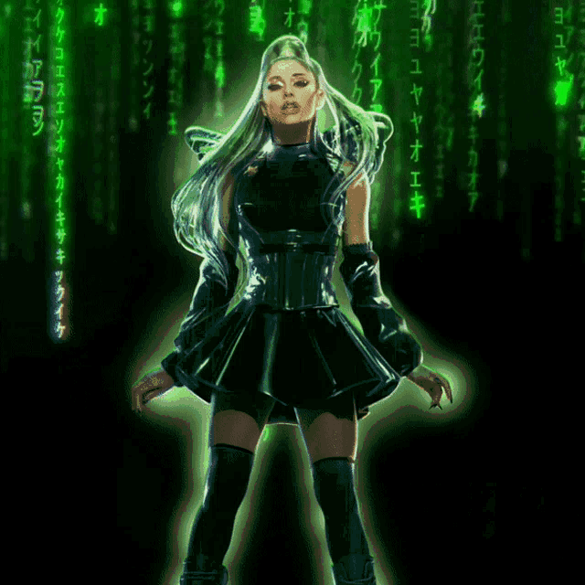 a woman in a black dress stands in front of a green matrix background