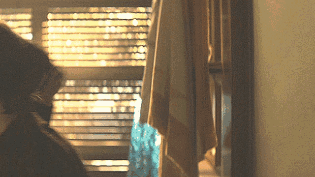 a person is standing in front of a window with blinds on it