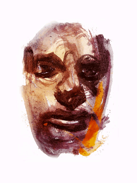 a painting of a man 's face with a yellow stripe on the bottom