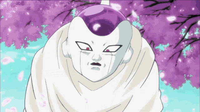 a cartoon character with a purple head is standing in front of a tree