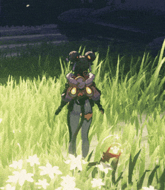 a person in a video game is standing in a field of grass