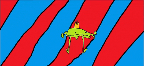 a colorful drawing of a frog with a crown and the word gay below it