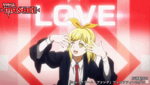 a girl with a yellow bow in her hair is standing in front of a red background that says love