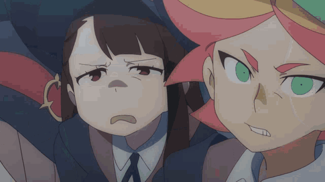 two anime characters are looking at the camera with one making a funny face