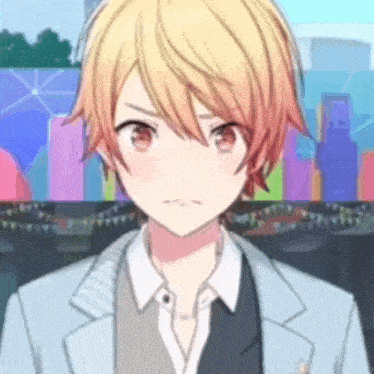 a boy with blonde hair and red eyes is wearing a suit and a white shirt .
