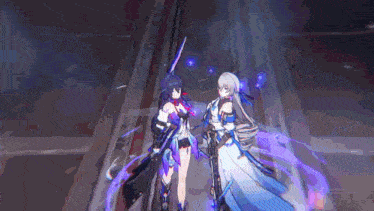 two anime girls are standing next to each other holding hands in a dark room .