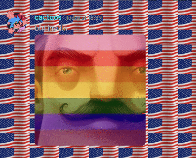 a picture of a man with a rainbow mustache is displayed in front of an american flag background
