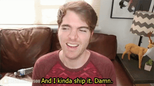 a man is sitting on a couch with the words " and i kinda ship it damn " above him
