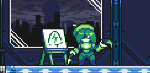 a pixel art drawing of a green monster standing next to an easel