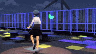 a girl is running in front of a blue fence with a crescent moon behind her