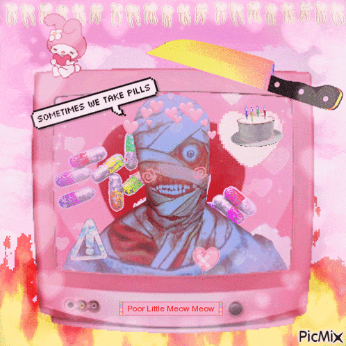 a picture of a mummy with pills and a knife on a pink background with the words sometimes we take pills