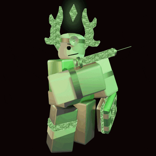 a green robot with a sword and shield is glowing in the dark